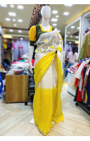 White And Yellow Linen By Linen Saree With Embroidery Work On Front Portion And Silver Zari Stripes Work On Pallu - Also Has Highlighted Silver Zari Border (KR2249)